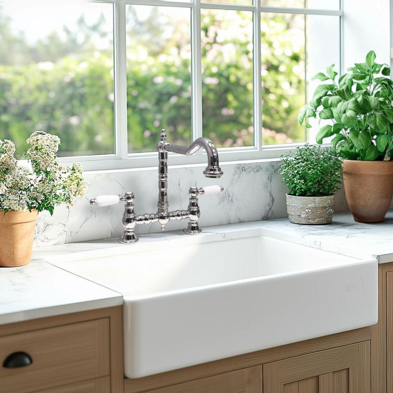 PB Nosztalgikus Híd Konyhai Csaptelep Króm derékszögű kifolyóval fehér fogantyúkkal PBN.CHR.H.WH