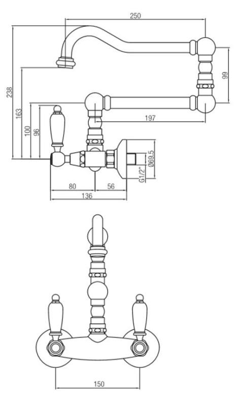 PB klasszikus csaptelep Fali szerelésű csap Fehér fogantyúk Extra hosszú forgatható kifolyó Bronz 1208854242