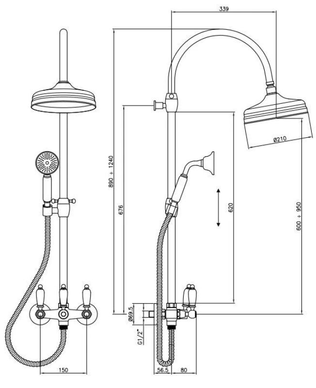 PB klassieke doucheset opbouw met regendouche, telescopische douchekolom, RVS 1208854892