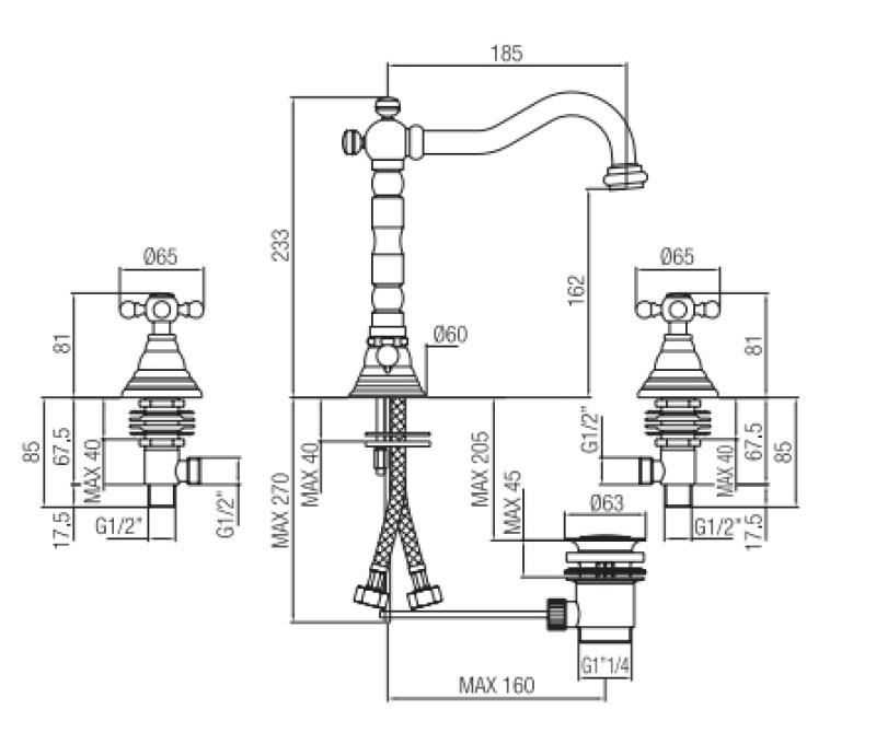 PB klasszikus 3 lyukú mosdócsaptelep csillag alakú fogantyúkkal, 18,5 cm-es kifolyó, bronz 1208854942