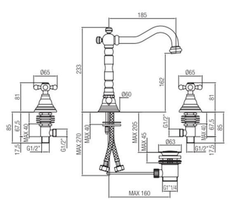 PB klasszikus 3 lyukú mosdócsaptelep csillagfogantyúkkal, 18,5 cm-es kifolyóval, rozsdamentes acél 1208854952