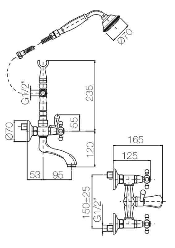 PB klasszikus csaptelep, felépített kádcsaptelep, csillagfogantyúval, bronz, kézi zuhannyal 1208855162