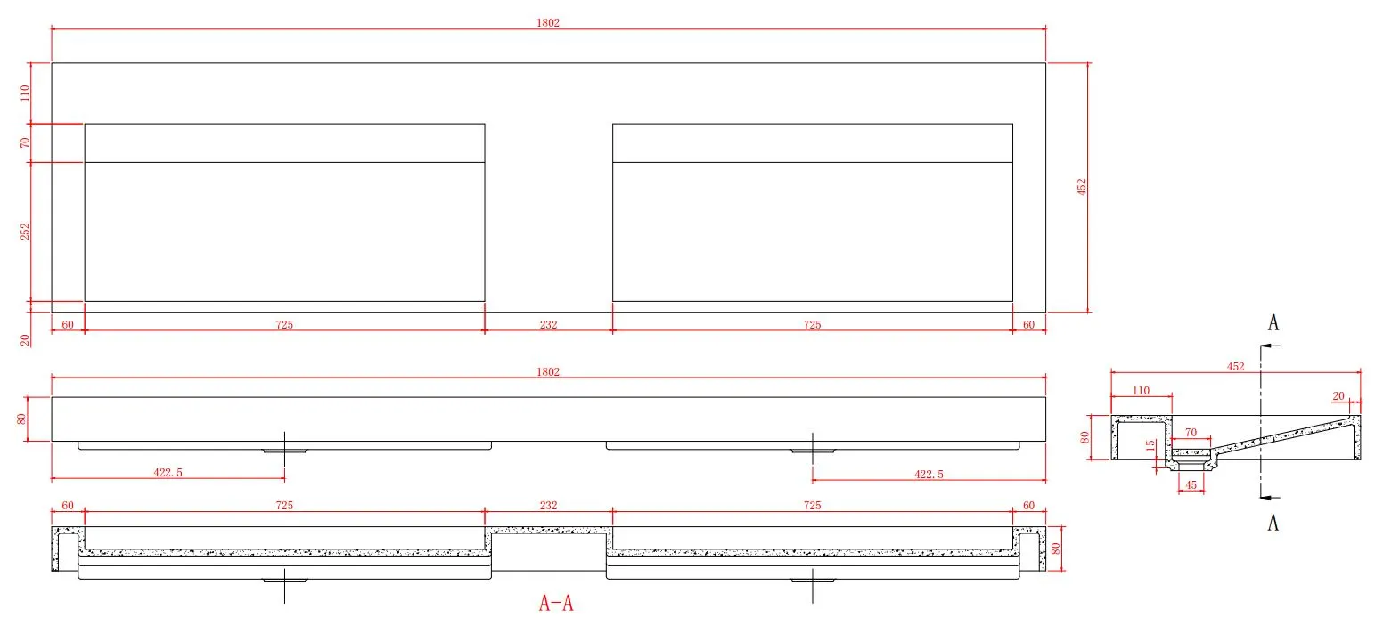 Vast-S Quatra dupla mosdó szilárd felületű matt fehér, csaptelep nélkül, szilárd fedéllel B180xD45xH8cm 1208952416