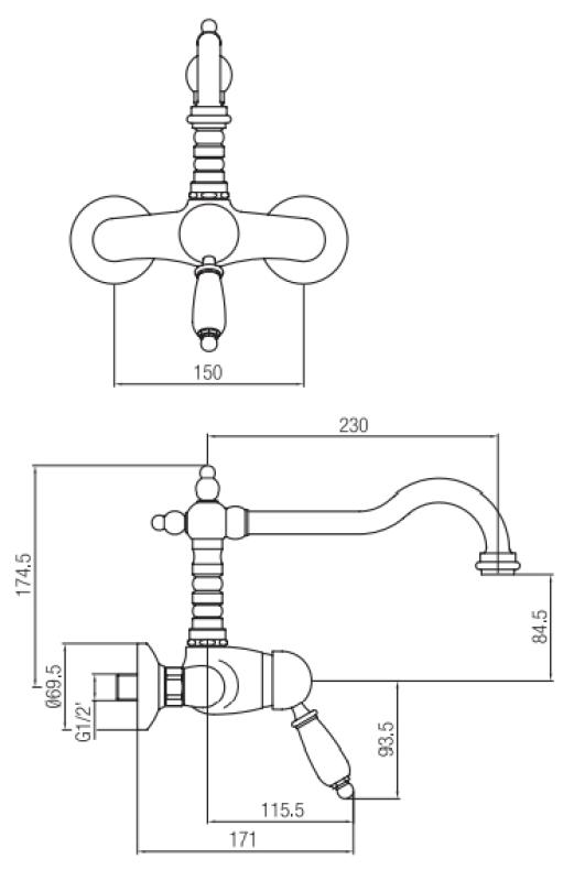 PB nosztalgikus egykaros fali csaptelep, fehér kar, bronz.