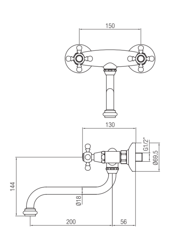 Nostalgikus konyhai csaptelep Classic fali csap réz 1208953531