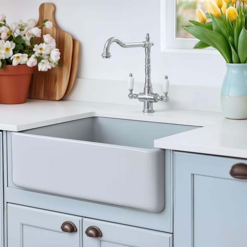 PB Nosztalgikus klasszikus vidéki konyhai csaptelep króm fehér fogantyúkkal 1208953911