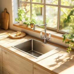 PB Nosztalgikus klasszikus vidéki konyhai csaptelep rozsdamentes acél fehér fogantyúkkal 1208953915