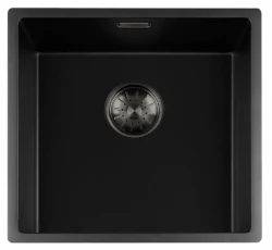 Lorreine zwarte kwarts spoelbak 40x40cm onderbouw/vlakbouw zwart met gun metal korfplug 1208954033