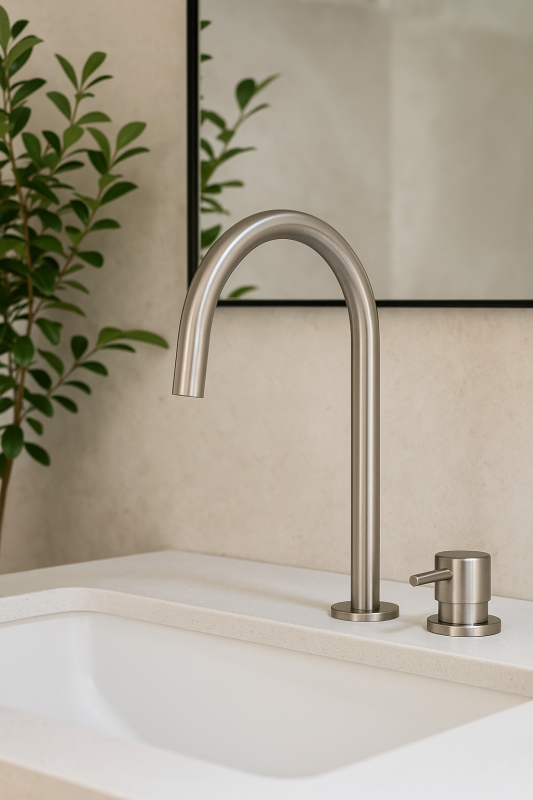 Waterevolution Flow 2 lyukú mosdócsap, teljes egészében rozsdamentes acélból, magas U 200 mm kifolyóval T1122UIE