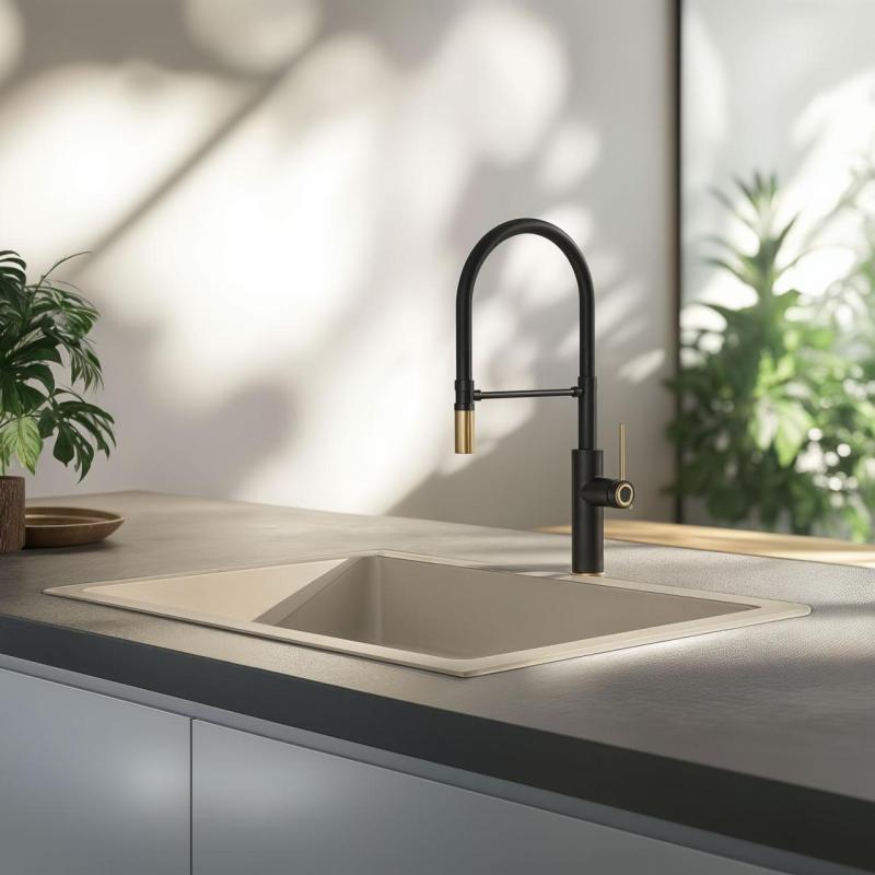 Quadri Retford konyhai mosogatócsaptelek fekete arany bevonattal és rugalmas fekete kifolyóval 1208956092