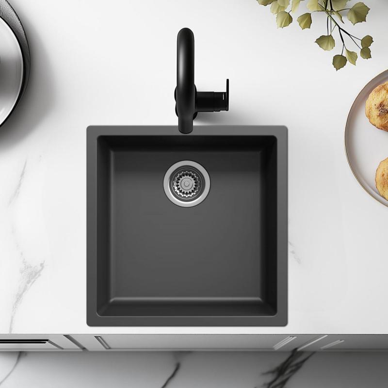 Fekete mosogató 40x40cm alulról épített, felülről épített és síkba épített rozsdamentes acél dugóval 1208956390