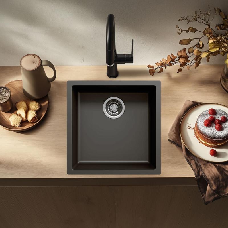 Fekete mosogató 40x40cm alulról épített, felülről épített és síkba épített rozsdamentes acél dugóval 1208956390