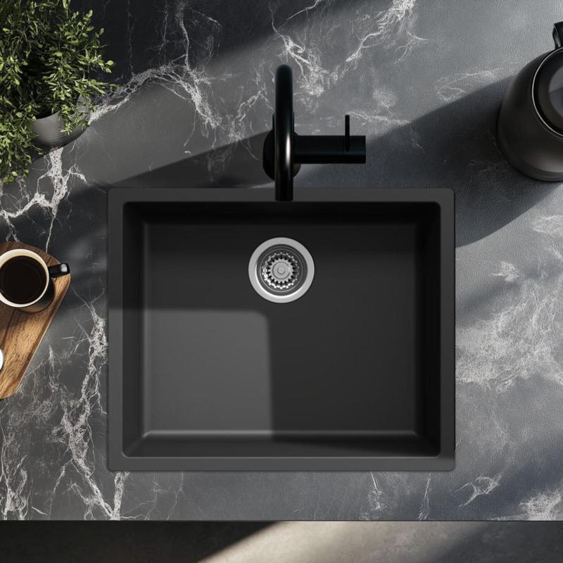 Zwarte spoelbak 50x40 cm onderbouw, opbouw en vlakbouw met roestvrijstalen plug 1208956395