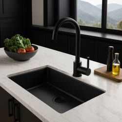 Fekete nagy mosogató 70x40cm aláépíthető, ráépíthető és süllyeszthető fekete dugóval 1208956401