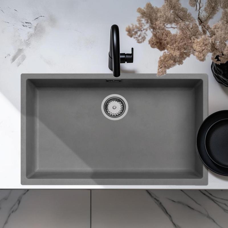 Concrete grey large sink 70x40cm undermount inset and flush-mounted with stainless steel plug 1208956403