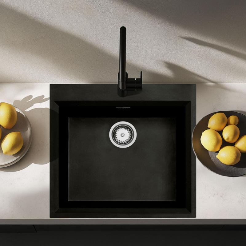 Fekete felépítményes mosogató 58x53 cm, csaplyukkal, rozsdamentes acél dugóval 1208956732
