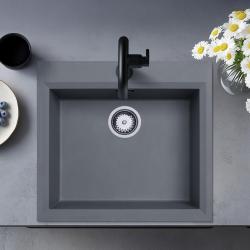 Beton grijs opbouw spoelbak 58x53 cm met kraangatbank en roestvrijstalen plug 1208956771