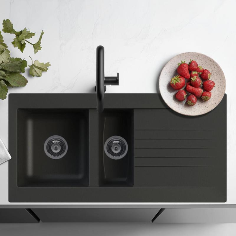 Ausmann Fibre 1,5 fekete műanyag mosogató, fordítható, csepegtetővel, felépített, 100x50 cm 1208956783