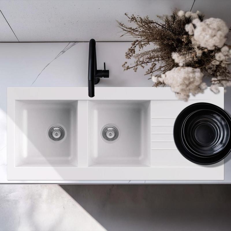 Ausmann Fibre kétoldalú fehér műanyag mosogatótálca, csepegtetőtálcával, beépíthető, 116x50 cm, 1208956794