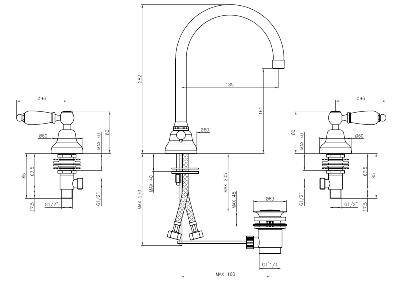 PB klasszikus csaptelep 3 lyukú mosdócsap Fehér fogantyúk kerek kifolyóval Króm 1208956912