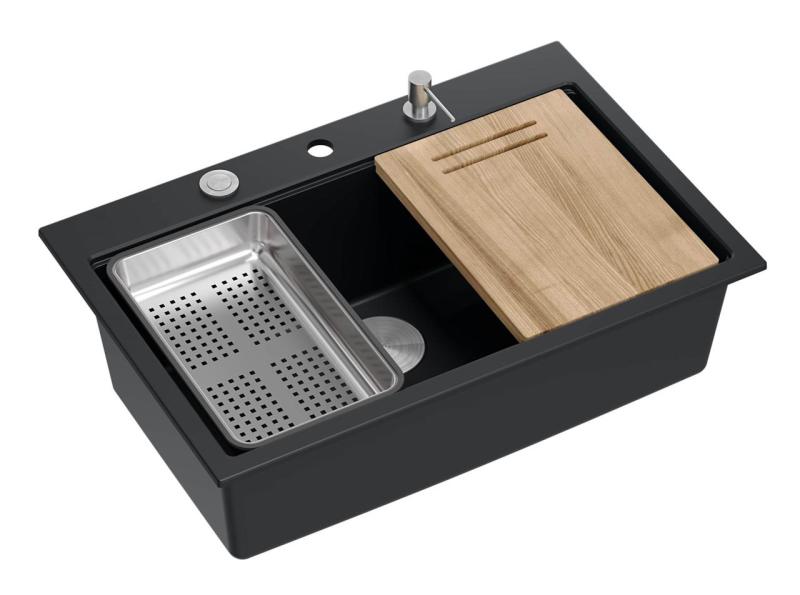 Quadri matt fekete hard rock gránit felépítésű nagy mosogató 76x50cm tartozékokkal 1208957201