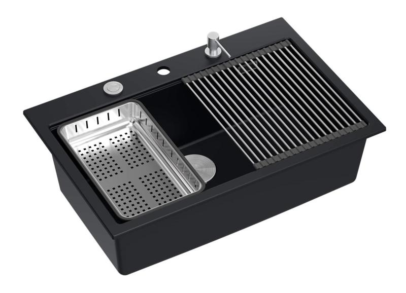 Quadri matt fekete hard rock gránit felépítésű nagy mosogató 76x50cm tartozékokkal 1208957201