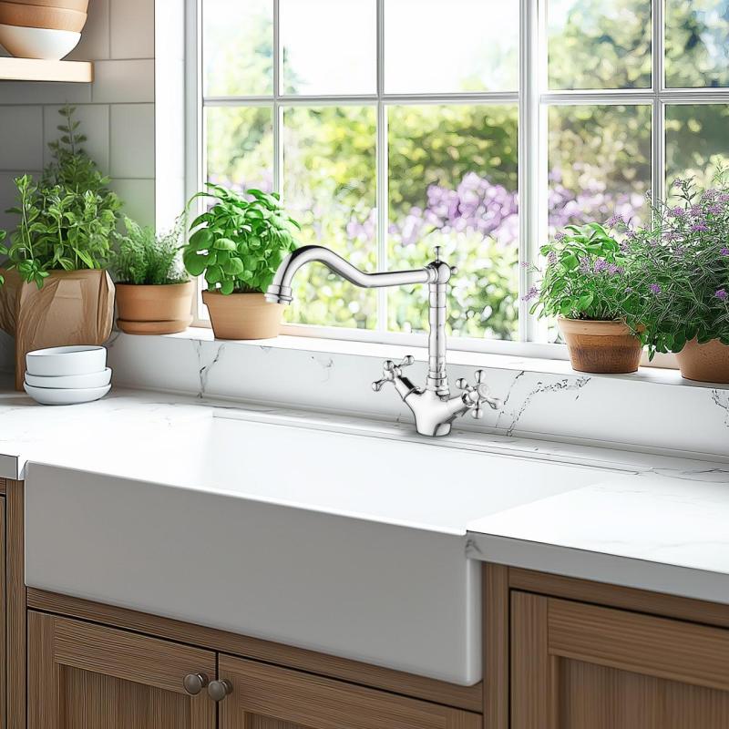 AquaTrimo Windsor klasszikus konyhai nosztalgikus konyhai csaptelep derékszögű kifolyóval, króm 21WS7531CM