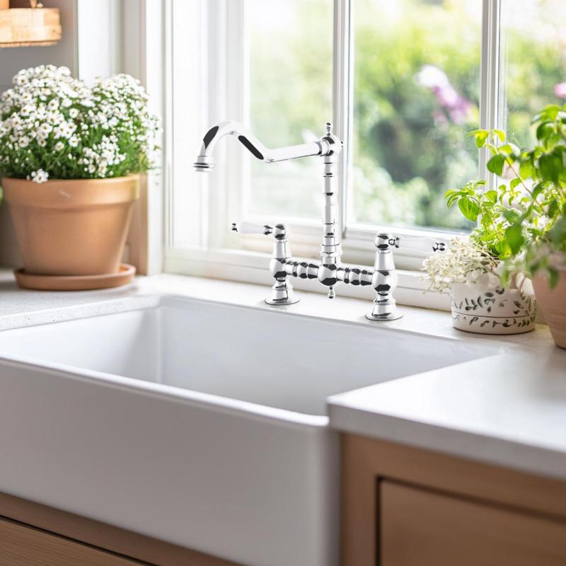 AquaTrimo Country 2 lyukas klasszikus konyhai nosztalgikus híd konyhacsaptelep derékszögű kifolyóval, króm 21CT7657CM