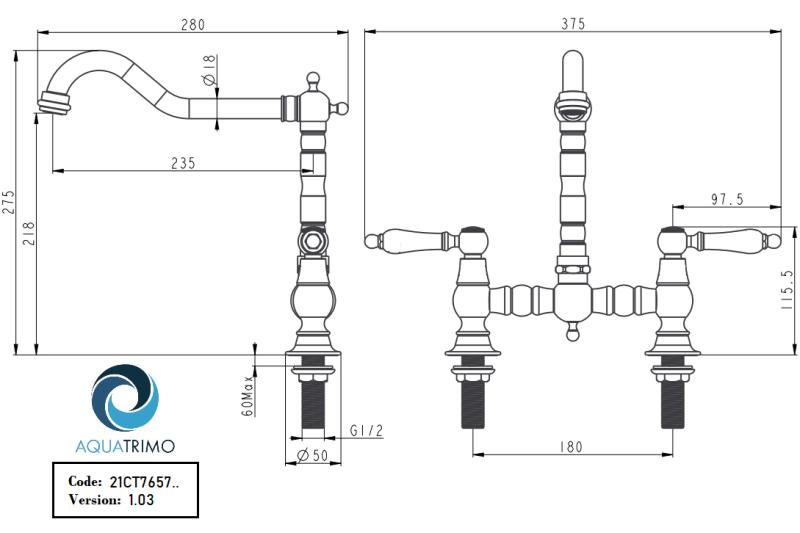 AquaTrimo Country 2 lyukas klasszikus konyhai nosztalgikus híd konyhacsaptelep derékszögű kifolyóval, króm 21CT7657CM