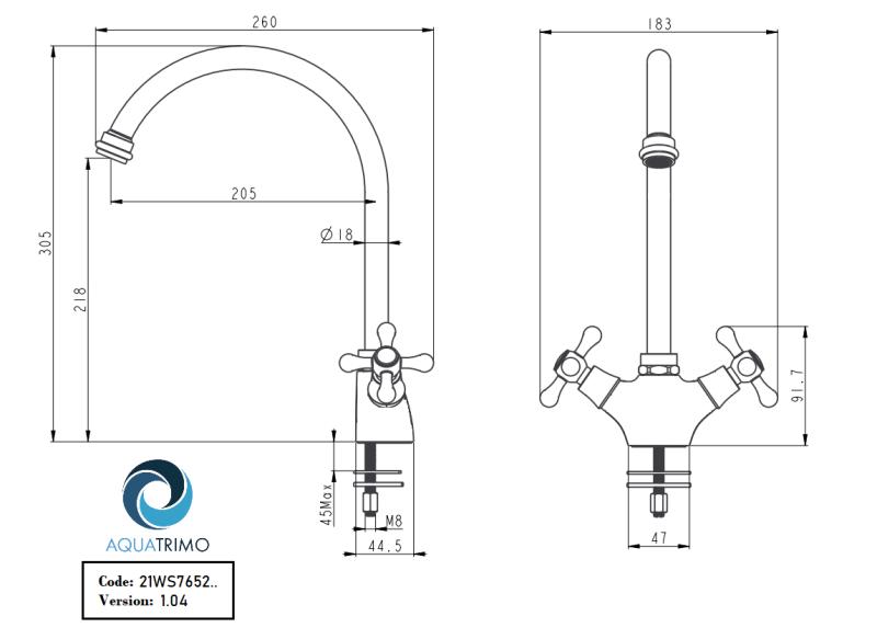 AquaTrimo Windsor klasszikus konyha nosztalgikus konyhai csaptelep kerek kifolyóval rozsdamentes acél 21WS7652NM