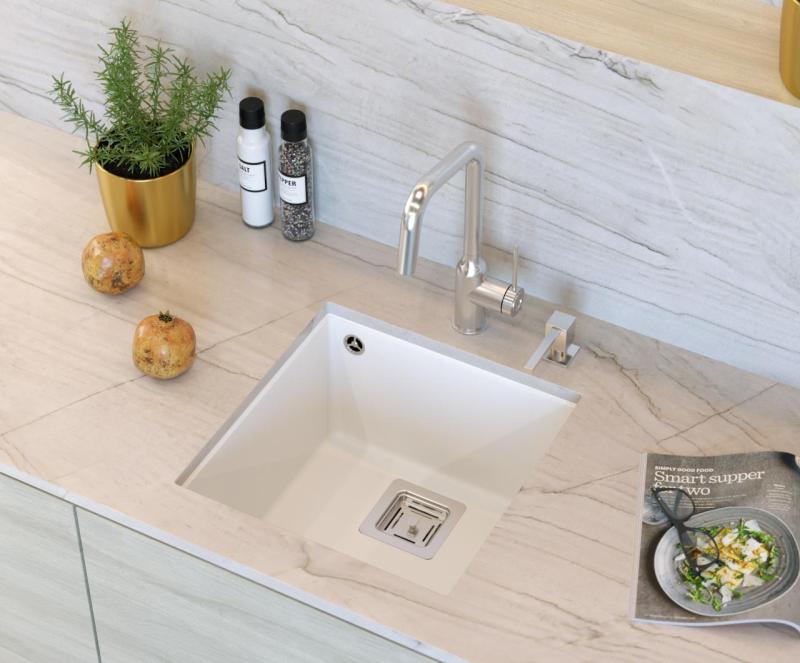 Quadri Quadrangle witte granieten onderbouw spoelbak 42x42cm met roestvrijstalen plug 1208957886