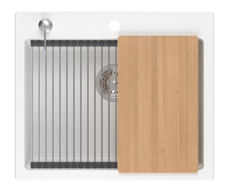 Quadri Durham fehér gránit felépítésű mosogató 595x500 szappanadagolóval, vágódeszkával, görgős matricával, betéttálcával és görgős matricával 1208957903