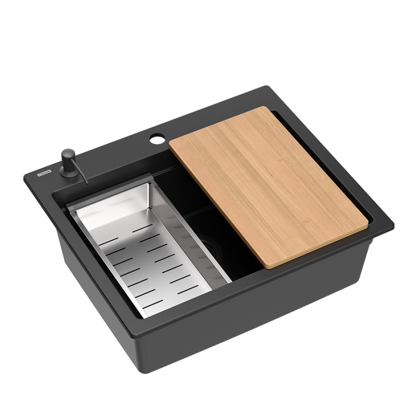 Quadri Durham fekete gránit felépített mosogató 595x500 szappanadagolóval, vágódeszkával, beépített mosogatóval és hengerelt szőnyeggel 1208957904