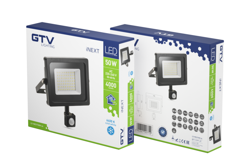 LED árvízfény iNEXT mozgásérzékelővel 50W 4000lm, PF>0,9, RA>80, IP65, 120°, 6400K, fekete test 1208962862