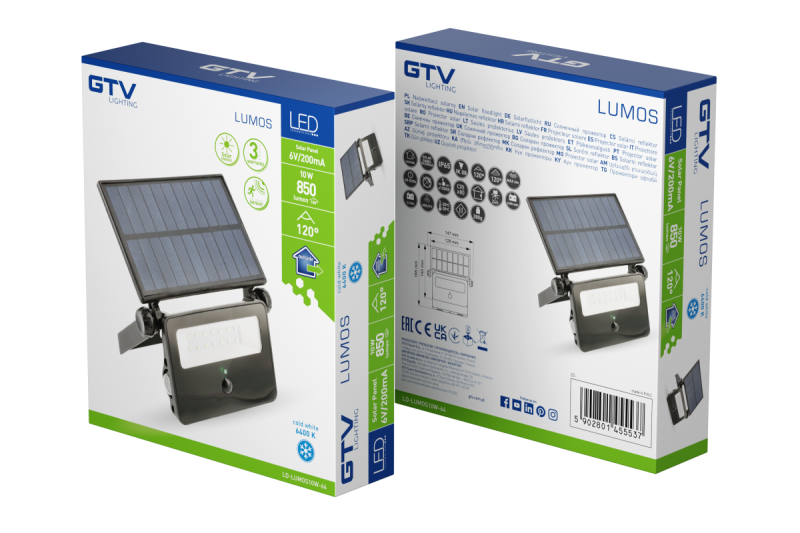 Solar LED reflektor LUMOS, mozgásérzékelővel, 10W, 850lm, 6400K, IP65, 120°, napelem, 3y 1208962938