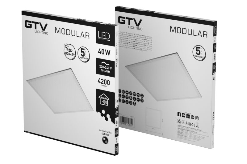 LED világítótest MODULAR, hátlap, 60x60cm, 4000K, 40W, 4200lm, AC220-240V, PF>0,9, IP54, 5y, UGR<19 1208963000