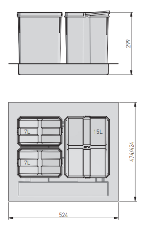 Garbi Basket B-60-3 afvalscheidingssysteem voor lade van 60 cm inclusief houder en 3 afvalbakken 1208964399