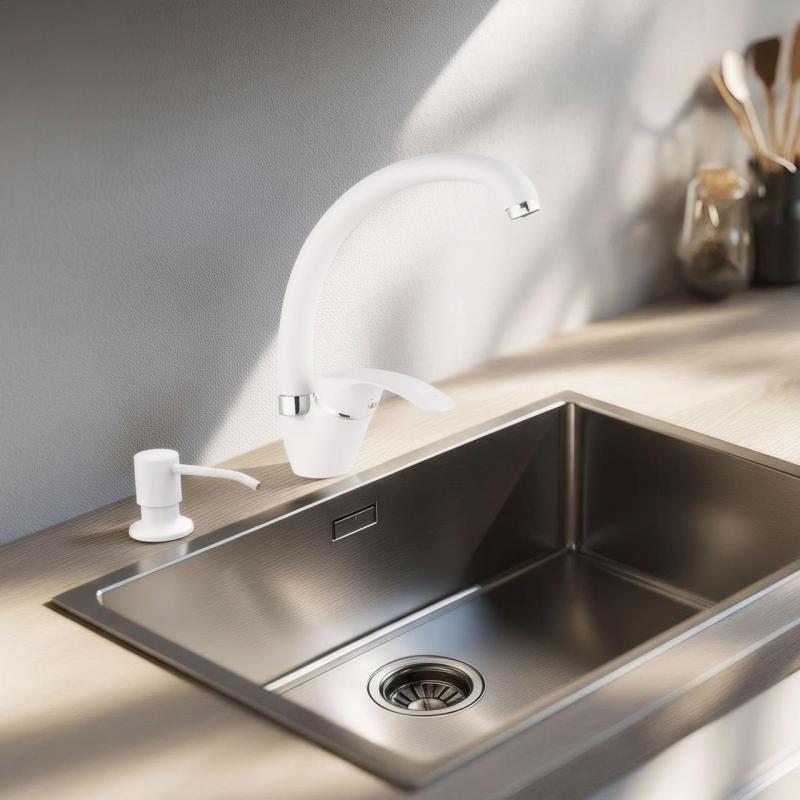 Quadri fehér konyhai csaptelep szett beépíthető szappanadagolóval és állítható fehér mosogató kosárral 1208966928