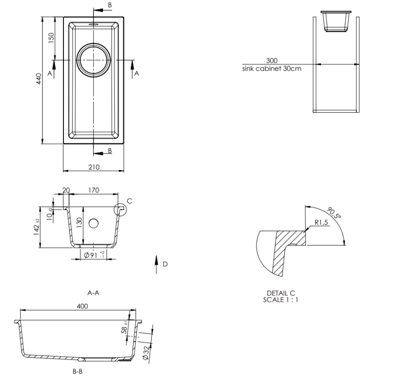 GraniteMy Universele granieten witte kleine spoelbak 17x40 cm wit opbouw onderbouw és síkbeépítés rozsdamentes acél dugóval 1208966953