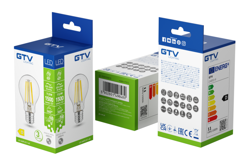 LED FÉNYFORRÁS, FILAMENT, A-G, A60, 4000K, E27, 11W, AC180-250V, 360°, 1500lm, 96mA 1208966963