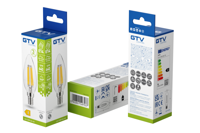 LED FÉNYFORRÁS, FILAMENT, A-G, C35, 4000K, E14, 5,8W, AC220-240V, 360°, 640lm, 50mA 1208966965