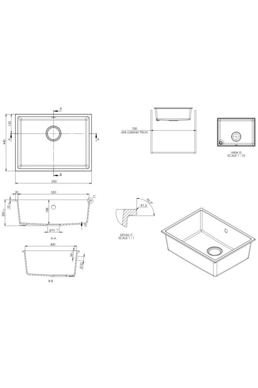 GraniteMy Universele granieten witte spoelbak 55x40 cm wit opbouw, onderbouw en vlakbouw met roestvrijstalen plug 1208967109