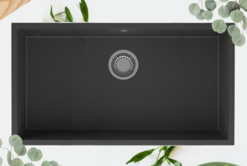GraniteMy Universele grote zwarte granieten spoelbak 74x40 cm zwart opbouw onderbouw en vlakbouw met rvs plug 1208967110