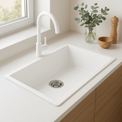 GraniteMy Universele grote witte granieten spoelbak 74x40 cm wit opbouw onderbouw en vlakbouw met roestvrijstalen plug 1208967111