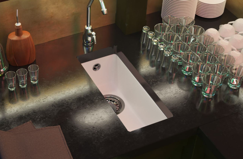 GraniteMy Universele granieten witte kleine spoelbak 17x40 cm, wit, voor opbouw, onderbouw en vlakbouw met gouden plug, 1208967138