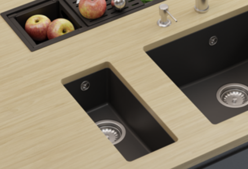 GraniteMy Universele granieten kleine zwarte spoelbak 17x40 cm zwart opbouw onderbouw en vlakbouw met koperen plug 1208967141