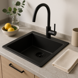 GraniteMy Universele granieten zwarte spoelbak 34x40 cm zwart opbouw onderbouw en vlakbouw met zwarte plug 1208967143