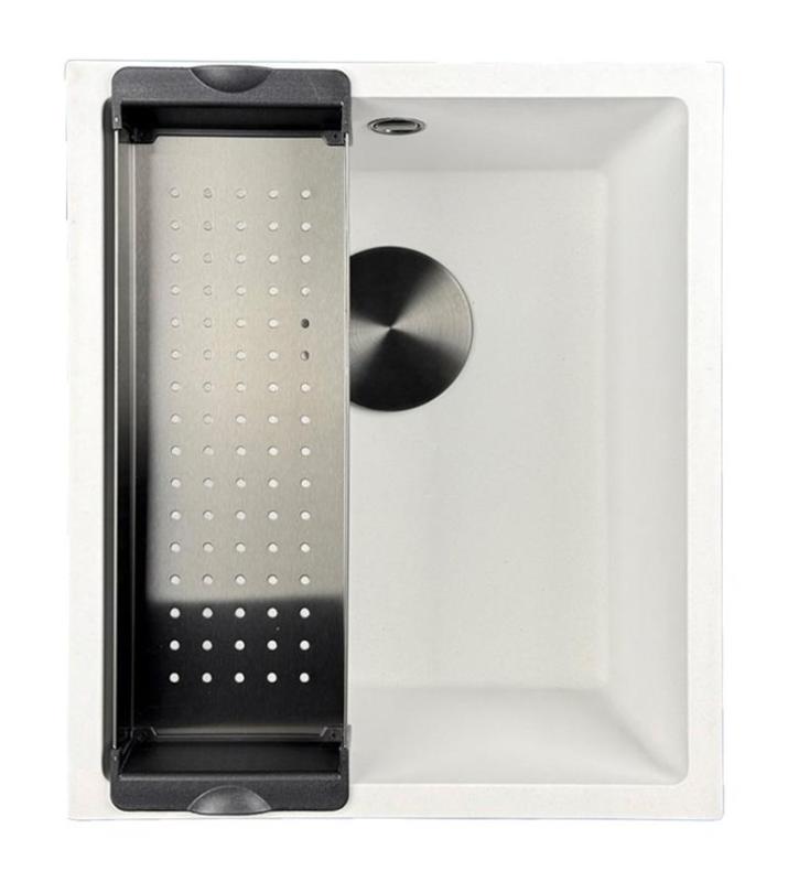 GraniteMy Universele granieten witte spoelbak 34x40 cm wit opbouw onderbouw en vlakbouw met zwarte plug 1208967147