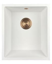 GraniteMy Universele granieten witte spoelbak 34x40 cm fehér, felépítési, aláépítési és süllyesztett beépítési lehetőségekkel, réz dugóval 1208967148