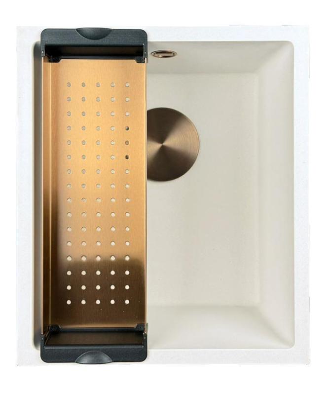 GraniteMy Universele granieten witte spoelbak 34x40 cm fehér, felépítési, aláépítési és süllyesztett beépítési lehetőségekkel, réz dugóval 1208967148